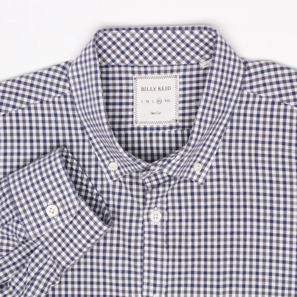 Camisa Billy Reid Para Hombres XL 17 Azul-Gris Blanco Cuadros Cuello Abotonado Manga Larga Foto 1 de 4