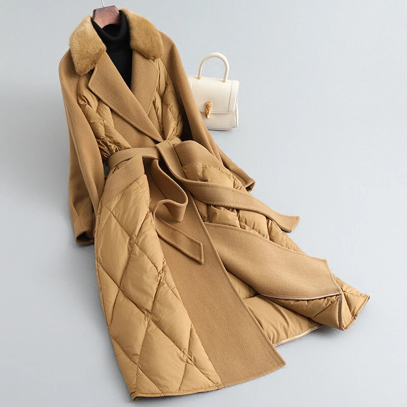 Casaco de lã 2024 inverno gola de pele de vison casaco de cashmere longo para baixo de ganso - Imagem 1 de 4