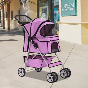 4 Wheels Folding Pet Stroller Cat Dog Cage Stroller Carrier W/Cup Holder Pink - Picture 1 of 8