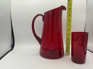 Vtg Ruby Red Glass Pitcher Hand Blown Applied Handle 11" & 10 Glasses MCM - Picture 1 of 12