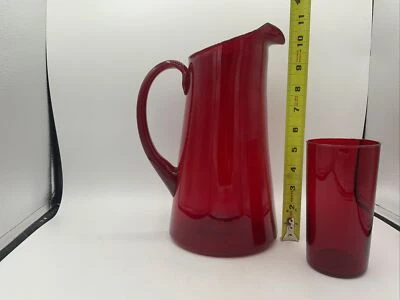 Vtg Ruby Red Glass Pitcher Hand Blown Applied Handle 11" & 10 Glasses MCM - Image 1 of 4