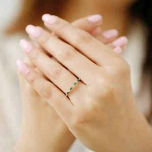 14K Solid Gold Emerald Diamond Ring / Eternity Emerald Alternating Diamond Band  - Picture 1 of 5