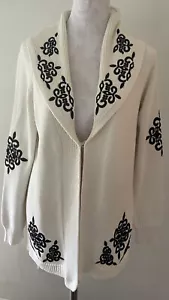 White House Black Market Cream W/Black Embroidery Long Heavy Sweater Size M - Picture 1 of 7