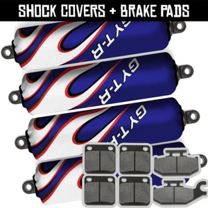Front+Rear Blue Flame Shock Covers+Brake Pads for Yamaha Grizzly 400 4x4 (07-08) - Picture 1 of 12