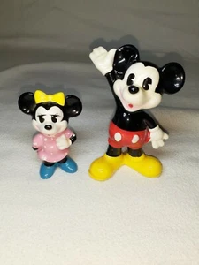 Disney Mickey Mouse Waving Ceramic Figurine Japan 4" Porcelain + 3" Minnie 70's? - Picture 1 of 10