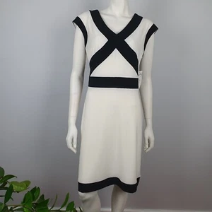 Vestido recto Joseph Ribkoff talla 14 blanco negro escote en V mangas gorra NUEVO $240 - Imagen 1 de 12