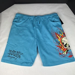 Ed Hardy Graphic Fire Skull Tattoo Fleece Sweat Shorts, Blue/Black, Sz Large - Picture 1 of 12