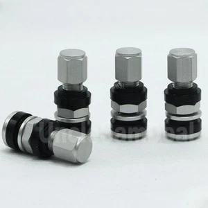 ENKEI NT03+M ALUMINUM BOLT ON SHORT BASE SILVER VALVE STEMS WITH CAPS SET OF 4 - Picture 1 of 9