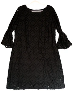 R & K Lace Dress Womens 18 Black Lined Sheath Shift Bell Tie Sleeves Goth Boho - Picture 1 of 14