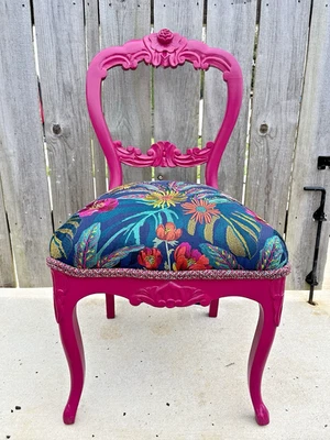 Painted Antique Chair New Upholstery Floral Embroidery Hot Pink Desk Vanity Rose - Image 1 of 4