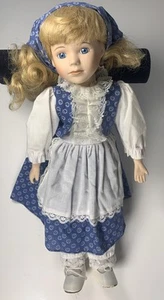 14” Porcelain Doll with Blue Floral Dress & Bonnet – White Apron, Blonde Hair - Picture 1 of 8