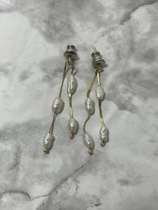 Orecchini pendenti goccia vintage oro massiccio 14k autentiche perle di riso barocco catena - Foto 1 di 5