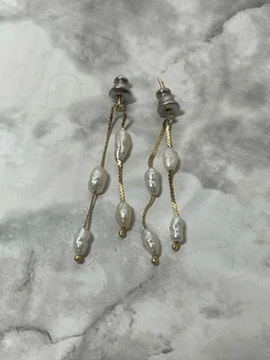 Винтажные серьги-подвески из чистого золота 14 карат с подлинным барочным рисовым жемчугом и цепочкой - Изображение 1 из 4