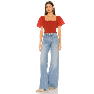 NEW Abercrombie & Fitch Red Smocked Bodice Puff Sleeve Short Sleeve Blouse Sz XS - Picture 1 of 8