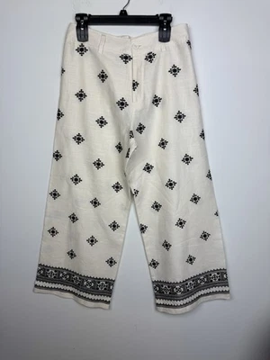 Elie Tahari 奶油和黑色刺绣阔腿裤 10 码全新 — 第 1/4 张图片