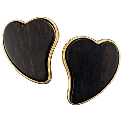 Brincos com clipe de coração Yves Saint Laurent YSL vintage madeira tom dourado A8 França - Imagem 1 de 4