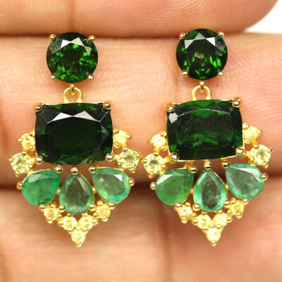 925 Sterlingsilber Grüne Chromdiopsid, Smaragd & Saphir Ohrringe - Bild 1 von 4