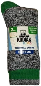 2 Pair  Boys Kodiak Kids Thermal Socks Black Mix Green Size MEDIUM 10-2 1/2 - Picture 1 of 2