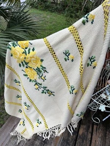 Rose Floral Afghan Throw Blanket Cream Yellow Flower 42”x64” Fringe Handmade Vtg - Picture 1 of 5