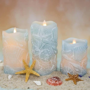 Silverstro Ocean Flameless Candles Remote Carved Seashell Real Wax Flicker - Picture 1 of 12