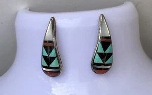 Vintage Zuni Handcrafted Inland Stone Half Hoop Post Earrings Signed Silver - Picture 1 of 21