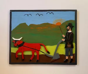 Vtg Folk Art Painting Carving Farmer Farming Relief Wood San lsidro Pete Tapia - Picture 1 of 11