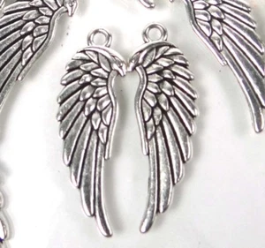 8 Angel Wing Charms Antique Silver Pewter Two Side Feather Pendant 33x10mm - Picture 1 of 4