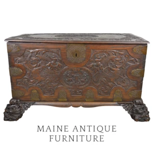 Antique Excessive Carved Pictural Trunk – Early Victorian Era Cass Box #22286 - Picture 1 of 22