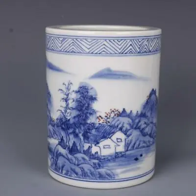5.4  Good China Blue And White Porcelain Red Glaze Hill Water Scenery Brush Pot • 57.99$