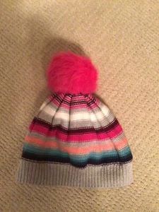 Gymboree 100% cotton  Striped Sock Cap W/Pink Pompom  Xs/S Girls Lined Hat - Picture 1 of 2