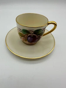 Lenox Jan Nosek Signed Demitasse Tea Cup Saucer Bone China Plums Ivory Gold T312 - Picture 1 of 6