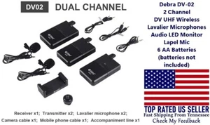 2 Channel DV UHF Wireless Lavalier Microphones Audio LED Monitor Lapel 6 AA Batt - Picture 1 of 20