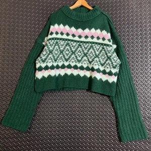 Free People Cropped Fair Isle Pullover Damen XL Grün Strickpullover Langarm - Bild 1 von 7