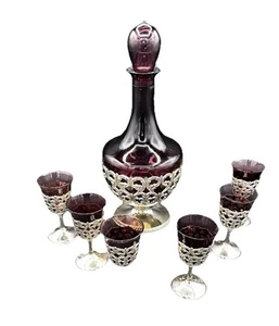 Vintage Decanter & 6 Cordial Stemware Silver Plate Amethyst Rare - Picture 1 of 14