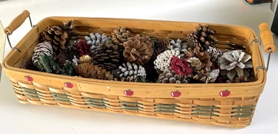 Long Basket Farmhouse Country Woven Banded Rectangle Painted Apples Wood Handles - Image 1 of 4