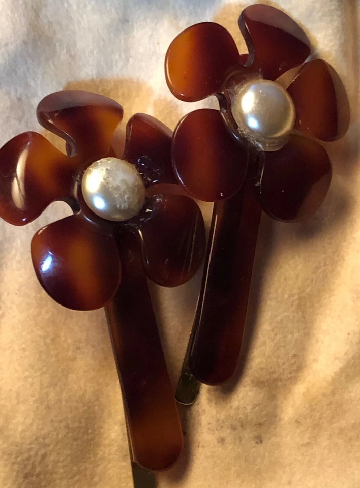 ALEXANDRE DE PARIS Hair Clip Flower Swarovski Pearl Pair Vintage Signed - Image 1 of 3