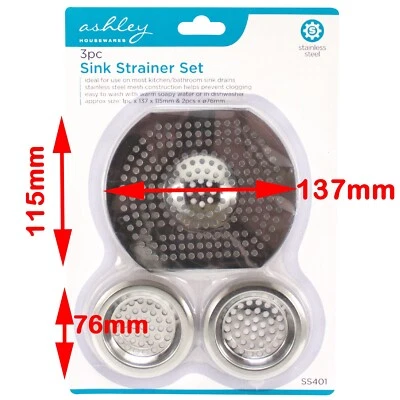SUPER UTENSIL LTD STAINLESS STEEL 3 PIECE SINK SHOWER HAIR FOOD CATCHER DRAIN PLUG FILTER STRAINER