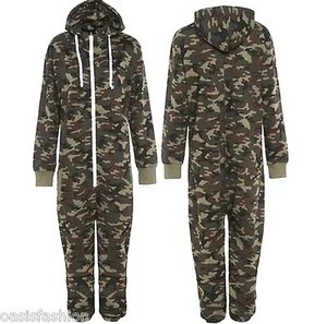 Kids Army Camo Print 1Onesie Hooded Jumpsuit All in One Boys Fleece Size 2-14yrs - Picture 1 of 5