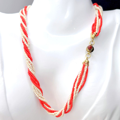 OFF WHITE Collana girocollo vintage 15" multicolore bianco sporco e rosso semi perline multifilo