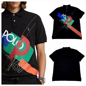 Polo Ralph Lauren Herren Größe Large schwarz Grafik Mesh Poloshirt klassische Passform neu mit Etikett - Bild 1 von 11