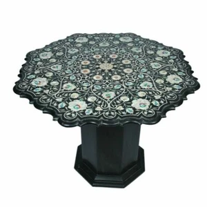 Mesa de mármol negro de 30" con incrustación Pietra Dura café comedor con soporte de mármol - Imagen 1 de 4