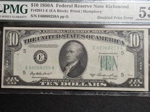 1950A $10 Federal Reserve Note - PMG 53EPQ - Double Print Error - Picture 1 of 4