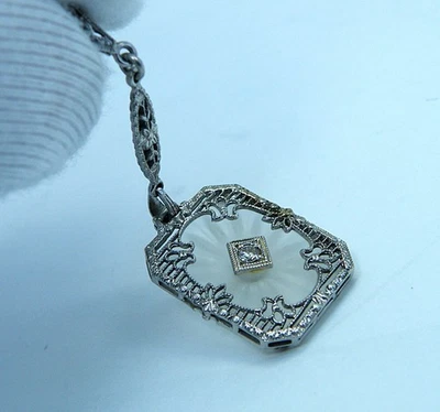 COLGANTE de vidrio de alcanfor y diamantes de oro blanco Art Deco de 14 k filigrana caída Lariat Foto 1 de 4