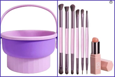 Juego de 6 brochas de maquillaje de doble extremo cepillo de labios de silicona y tazón limpiador de cepillo 3 en 1 Foto 1 de 4