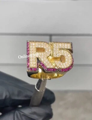 Anillo con letra y número personalizado de circonita cúbica blanca y rosa "R5" para él plata 925 Foto 1 de 4