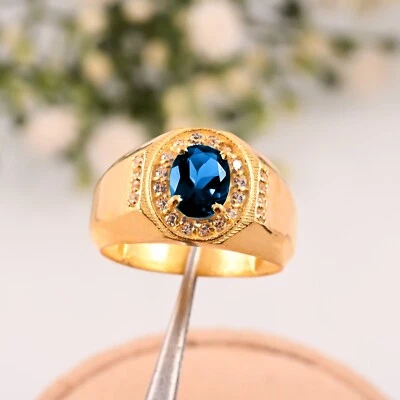Anel de presente de casamento masculino feito à mão ouro amarelo 14K AAA natural topázio azul Londres - Imagem 1 de 3