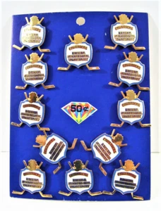 Vintage 1989 Crusaders International Hockey Pin Display 12 On Card Old Stock - Imagen 1 de 2