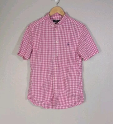 Ralph Lauren Pink White Seersucker Short Sleeve Button Up Shirt Boys 18 Yrs N81C - Image 1 of 4