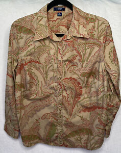 Chaps Shirt Womens Size 1X Tan Red Leaf Print Button Up Cotton Blouse