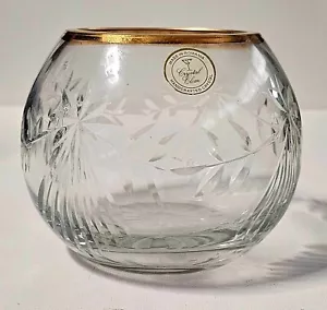 Cuenco floral de cristal Rumania hecho a mano con borde dorado corte transparente - Imagen 1 de 7